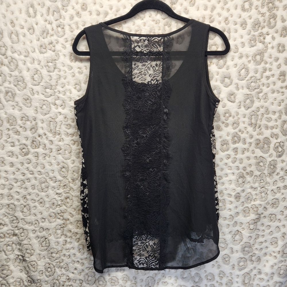 Sheer Black Tank Top with ivory flowers and lace inset on back LARGE - Picture 3 of 7